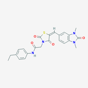 molecular formula C23H22N4O4S B305716 2-{(5E)-5-[(1,3-dimethyl-2-oxo-2,3-dihydro-1H-benzimidazol-5-yl)methylidene]-2,4-dioxo-1,3-thiazolidin-3-yl}-N-(4-ethylphenyl)acetamide 