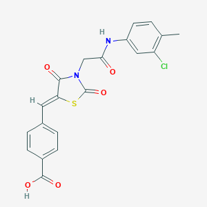 molecular formula C20H15ClN2O5S B305719 4-({3-[2-(3-Chloro-4-methylanilino)-2-oxoethyl]-2,4-dioxo-1,3-thiazolidin-5-ylidene}methyl)benzoic acid 