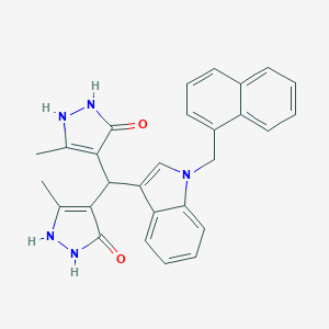 molecular formula C28H25N5O2 B305724 5-Methyl-4-[(3-methyl-5-oxo-1,2-dihydropyrazol-4-yl)-[1-(1-naphthalenylmethyl)-3-indolyl]methyl]-1,2-dihydropyrazol-3-one 