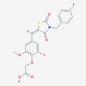 molecular formula C20H15FINO6S B305737 (4-{(E)-[3-(4-fluorobenzyl)-2,4-dioxo-1,3-thiazolidin-5-ylidene]methyl}-2-iodo-6-methoxyphenoxy)acetic acid 