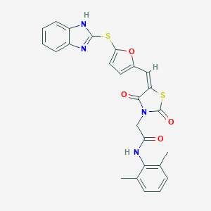 molecular formula C25H20N4O4S2 B305739 2-[(5E)-5-{[5-(1H-benzimidazol-2-ylsulfanyl)furan-2-yl]methylidene}-2,4-dioxo-1,3-thiazolidin-3-yl]-N-(2,6-dimethylphenyl)acetamide 
