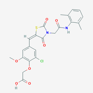 molecular formula C23H21ClN2O7S B305741 {2-chloro-4-[(E)-(3-{2-[(2,6-dimethylphenyl)amino]-2-oxoethyl}-2,4-dioxo-1,3-thiazolidin-5-ylidene)methyl]-6-methoxyphenoxy}acetic acid 