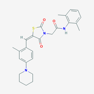 molecular formula C26H29N3O3S B305743 N-(2,6-dimethylphenyl)-2-{5-[2-methyl-4-(1-piperidinyl)benzylidene]-2,4-dioxo-1,3-thiazolidin-3-yl}acetamide 