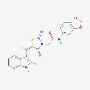 molecular formula C22H17N3O5S B305748 N-(1,3-benzodioxol-5-yl)-2-[(5E)-5-[(2-methyl-1H-indol-3-yl)methylidene]-2,4-dioxo-1,3-thiazolidin-3-yl]acetamide 