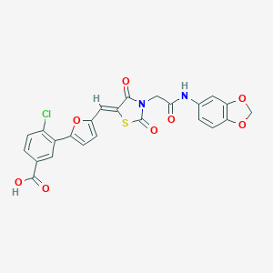 molecular formula C24H15ClN2O8S B305750 3-[5-({3-[2-(1,3-Benzodioxol-5-ylamino)-2-oxoethyl]-2,4-dioxo-1,3-thiazolidin-5-ylidene}methyl)-2-furyl]-4-chlorobenzoic acid 
