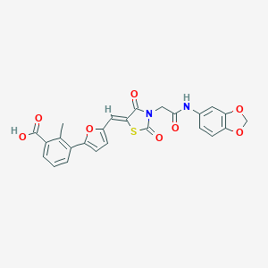 molecular formula C25H18N2O8S B305751 3-[5-[(Z)-[3-[2-(1,3-benzodioxol-5-ylamino)-2-oxoethyl]-2,4-dioxo-1,3-thiazolidin-5-ylidene]methyl]furan-2-yl]-2-methylbenzoic acid 