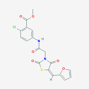 molecular formula C18H13ClN2O6S B305756 Methyl 2-chloro-5-({[5-(2-furylmethylene)-2,4-dioxo-1,3-thiazolidin-3-yl]acetyl}amino)benzoate 