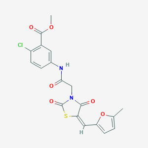 molecular formula C19H15ClN2O6S B305757 Methyl 2-chloro-5-[({5-[(5-methyl-2-furyl)methylene]-2,4-dioxo-1,3-thiazolidin-3-yl}acetyl)amino]benzoate 