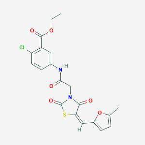 molecular formula C20H17ClN2O6S B305758 Ethyl 2-chloro-5-[({5-[(5-methyl-2-furyl)methylene]-2,4-dioxo-1,3-thiazolidin-3-yl}acetyl)amino]benzoate 