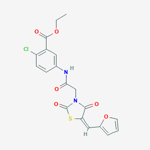 molecular formula C19H15ClN2O6S B305759 Ethyl 2-chloro-5-({[5-(2-furylmethylene)-2,4-dioxo-1,3-thiazolidin-3-yl]acetyl}amino)benzoate 