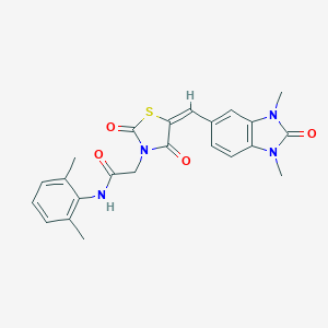 molecular formula C23H22N4O4S B305760 2-{5-[(1,3-dimethyl-2-oxo-2,3-dihydro-1H-benzimidazol-5-yl)methylene]-2,4-dioxo-1,3-thiazolidin-3-yl}-N-(2,6-dimethylphenyl)acetamide 