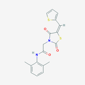 molecular formula C18H16N2O3S2 B305762 N-(2,6-dimethylphenyl)-2-[(5E)-2,4-dioxo-5-(thiophen-2-ylmethylidene)-1,3-thiazolidin-3-yl]acetamide 