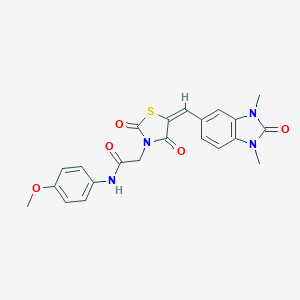 molecular formula C22H20N4O5S B305763 2-{5-[(1,3-dimethyl-2-oxo-2,3-dihydro-1H-benzimidazol-5-yl)methylene]-2,4-dioxo-1,3-thiazolidin-3-yl}-N-(4-methoxyphenyl)acetamide 