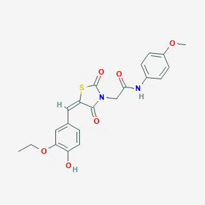 molecular formula C21H20N2O6S B305766 2-[5-(3-ethoxy-4-hydroxybenzylidene)-2,4-dioxo-1,3-thiazolidin-3-yl]-N-(4-methoxyphenyl)acetamide 