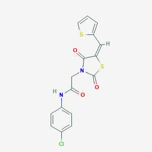 molecular formula C16H11ClN2O3S2 B305771 N-(4-chlorophenyl)-2-[(5E)-2,4-dioxo-5-(thiophen-2-ylmethylidene)-1,3-thiazolidin-3-yl]acetamide 