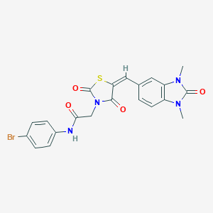 molecular formula C21H17BrN4O4S B305772 N-(4-bromophenyl)-2-{(5E)-5-[(1,3-dimethyl-2-oxo-2,3-dihydro-1H-benzimidazol-5-yl)methylidene]-2,4-dioxo-1,3-thiazolidin-3-yl}acetamide 