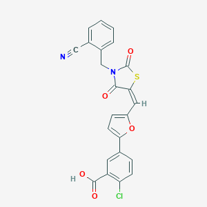 molecular formula C23H13ClN2O5S B305798 2-Chloro-5-(5-{[3-(2-cyanobenzyl)-2,4-dioxo-1,3-thiazolidin-5-ylidene]methyl}-2-furyl)benzoic acid 