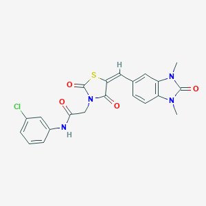 molecular formula C21H17ClN4O4S B305802 N-(3-chlorophenyl)-2-{(5E)-5-[(1,3-dimethyl-2-oxo-2,3-dihydro-1H-benzimidazol-5-yl)methylidene]-2,4-dioxo-1,3-thiazolidin-3-yl}acetamide 
