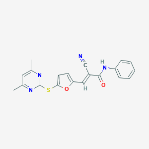 molecular formula C20H16N4O2S B305806 2-cyano-3-{5-[(4,6-dimethyl-2-pyrimidinyl)sulfanyl]-2-furyl}-N-phenylacrylamide 
