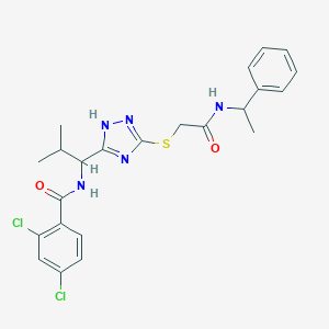 molecular formula C23H25Cl2N5O2S B305840 2,4-dichloro-N-{2-methyl-1-[5-({2-oxo-2-[(1-phenylethyl)amino]ethyl}sulfanyl)-4H-1,2,4-triazol-3-yl]propyl}benzamide 