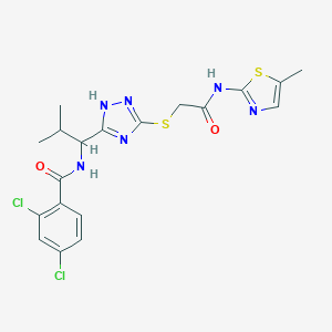 molecular formula C19H20Cl2N6O2S2 B305841 2,4-dichloro-N-{2-methyl-1-[5-({2-[(5-methyl-1,3-thiazol-2-yl)amino]-2-oxoethyl}sulfanyl)-4H-1,2,4-triazol-3-yl]propyl}benzamide 
