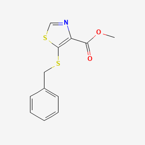 molecular formula C12H11NO2S2 B3058443 4-Thiazolecarboxylic acid, 5-[(phenylmethyl)thio]-, methyl ester CAS No. 89502-06-7