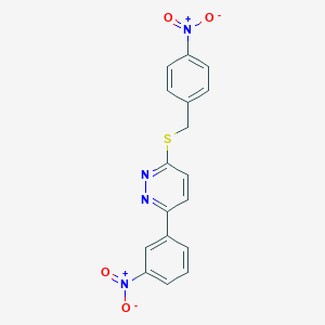 molecular formula C17H12N4O4S B3058465 3-((4-Nitrobenzyl)thio)-6-(3-nitrophenyl)pyridazine CAS No. 896053-99-9