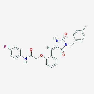molecular formula C26H22FN3O4 B305877 N-(4-fluorophenyl)-2-(2-{(E)-[1-(4-methylbenzyl)-2,5-dioxoimidazolidin-4-ylidene]methyl}phenoxy)acetamide 