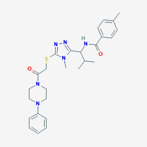 molecular formula C27H34N6O2S B305891 4-methyl-N-[2-methyl-1-(4-methyl-5-{[2-oxo-2-(4-phenyl-1-piperazinyl)ethyl]sulfanyl}-4H-1,2,4-triazol-3-yl)propyl]benzamide 