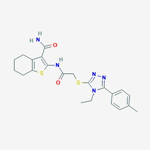 molecular formula C22H25N5O2S2 B305894 2-[({[4-ethyl-5-(4-methylphenyl)-4H-1,2,4-triazol-3-yl]sulfanyl}acetyl)amino]-4,5,6,7-tetrahydro-1-benzothiophene-3-carboxamide 