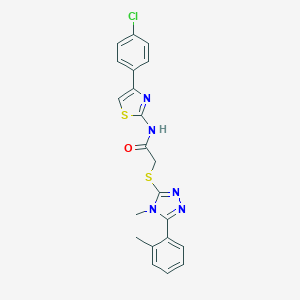 molecular formula C21H18ClN5OS2 B305897 N-[4-(4-chlorophenyl)-1,3-thiazol-2-yl]-2-{[4-methyl-5-(2-methylphenyl)-4H-1,2,4-triazol-3-yl]sulfanyl}acetamide 