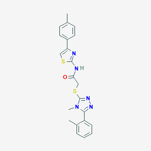 molecular formula C22H21N5OS2 B305898 2-{[4-methyl-5-(2-methylphenyl)-4H-1,2,4-triazol-3-yl]sulfanyl}-N-[4-(4-methylphenyl)-1,3-thiazol-2-yl]acetamide 