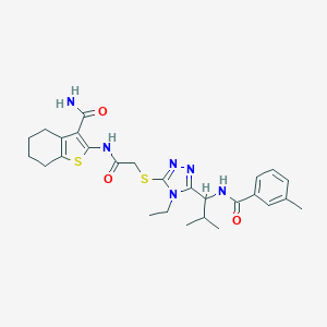 molecular formula C27H34N6O3S2 B305900 2-({[(4-ethyl-5-{2-methyl-1-[(3-methylbenzoyl)amino]propyl}-4H-1,2,4-triazol-3-yl)sulfanyl]acetyl}amino)-4,5,6,7-tetrahydro-1-benzothiophene-3-carboxamide 