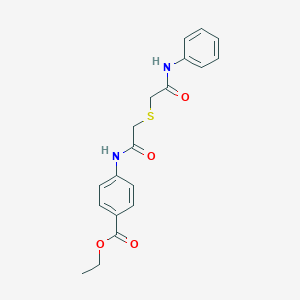 molecular formula C19H20N2O4S B305907 Ethyl 4-({[(2-anilino-2-oxoethyl)sulfanyl]acetyl}amino)benzoate 