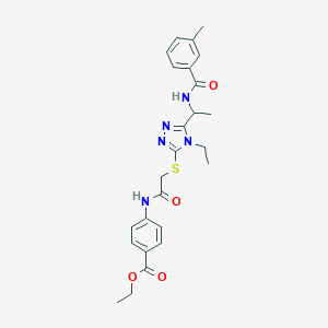molecular formula C25H29N5O4S B305909 ethyl 4-({[(4-ethyl-5-{1-[(3-methylbenzoyl)amino]ethyl}-4H-1,2,4-triazol-3-yl)sulfanyl]acetyl}amino)benzoate 