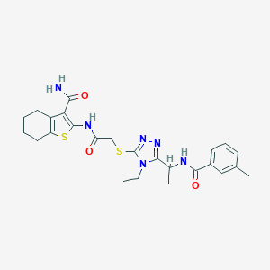 molecular formula C25H30N6O3S2 B305910 2-({[(4-ethyl-5-{1-[(3-methylbenzoyl)amino]ethyl}-4H-1,2,4-triazol-3-yl)sulfanyl]acetyl}amino)-4,5,6,7-tetrahydro-1-benzothiophene-3-carboxamide 