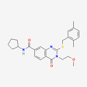 molecular formula C26H31N3O3S B3059143 N-cyclopentyl-2-((2,5-dimethylbenzyl)thio)-3-(2-methoxyethyl)-4-oxo-3,4-dihydroquinazoline-7-carboxamide CAS No. 946386-32-9