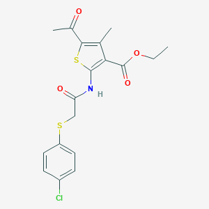 molecular formula C18H18ClNO4S2 B305917 Ethyl 5-acetyl-2-({[(4-chlorophenyl)sulfanyl]acetyl}amino)-4-methyl-3-thiophenecarboxylate 