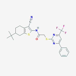 molecular formula C26H25F3N4OS2 B305922 N-(6-tert-butyl-3-cyano-4,5,6,7-tetrahydro-1-benzothien-2-yl)-2-{[4-phenyl-6-(trifluoromethyl)-2-pyrimidinyl]sulfanyl}acetamide 