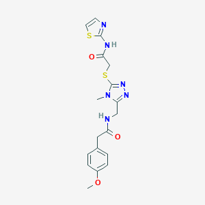 molecular formula C18H20N6O3S2 B305925 2-(4-methoxyphenyl)-N-[(4-methyl-5-{[2-oxo-2-(1,3-thiazol-2-ylamino)ethyl]sulfanyl}-4H-1,2,4-triazol-3-yl)methyl]acetamide 