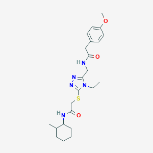 molecular formula C23H33N5O3S B305931 2-{[4-ethyl-5-({[(4-methoxyphenyl)acetyl]amino}methyl)-4H-1,2,4-triazol-3-yl]sulfanyl}-N-(2-methylcyclohexyl)acetamide 