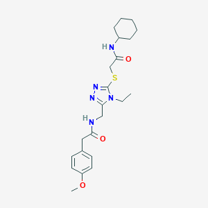 molecular formula C22H31N5O3S B305932 N-cyclohexyl-2-{[4-ethyl-5-({[(4-methoxyphenyl)acetyl]amino}methyl)-4H-1,2,4-triazol-3-yl]sulfanyl}acetamide 