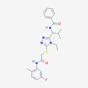 molecular formula C24H28FN5O2S B305933 N-{1-[4-ethyl-5-({2-[(5-fluoro-2-methylphenyl)amino]-2-oxoethyl}sulfanyl)-4H-1,2,4-triazol-3-yl]-2-methylpropyl}benzamide 