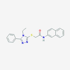 molecular formula C22H20N4OS B305938 2-[(4-ethyl-5-phenyl-4H-1,2,4-triazol-3-yl)sulfanyl]-N-(naphthalen-2-yl)acetamide 