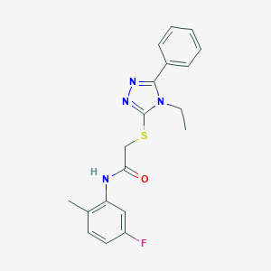 molecular formula C19H19FN4OS B305939 2-[(4-ethyl-5-phenyl-4H-1,2,4-triazol-3-yl)sulfanyl]-N-(5-fluoro-2-methylphenyl)acetamide 