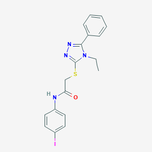 molecular formula C18H17IN4OS B305940 2-[(4-ethyl-5-phenyl-4H-1,2,4-triazol-3-yl)sulfanyl]-N-(4-iodophenyl)acetamide 