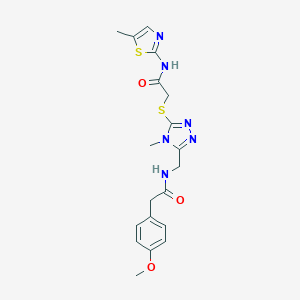 molecular formula C19H22N6O3S2 B305958 2-(4-methoxyphenyl)-N-{[4-methyl-5-({2-[(5-methyl-1,3-thiazol-2-yl)amino]-2-oxoethyl}sulfanyl)-4H-1,2,4-triazol-3-yl]methyl}acetamide 