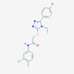 molecular formula C19H18BrClN4OS B305962 2-{[5-(4-bromophenyl)-4-ethyl-4H-1,2,4-triazol-3-yl]sulfanyl}-N-(3-chloro-4-methylphenyl)acetamide 