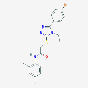 molecular formula C19H18BrIN4OS B305964 2-{[5-(4-bromophenyl)-4-ethyl-4H-1,2,4-triazol-3-yl]sulfanyl}-N-(4-iodo-2-methylphenyl)acetamide 