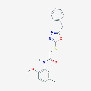 molecular formula C19H19N3O3S B305968 2-[(5-benzyl-1,3,4-oxadiazol-2-yl)sulfanyl]-N-(2-methoxy-5-methylphenyl)acetamide 